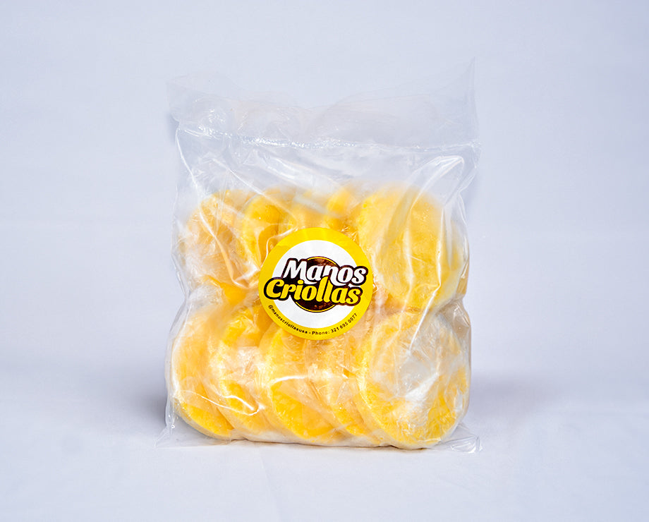 Manos Criollas frozen yellow corn arepas, pack of 10, authentic Venezuelan staple.