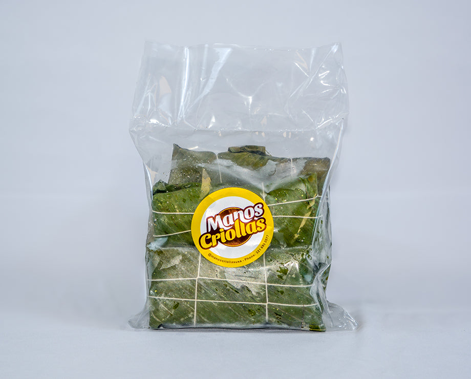 Manos Criollas traditional Venezuelan hallacas, frozen holiday dish wrapped in plantain leaves.