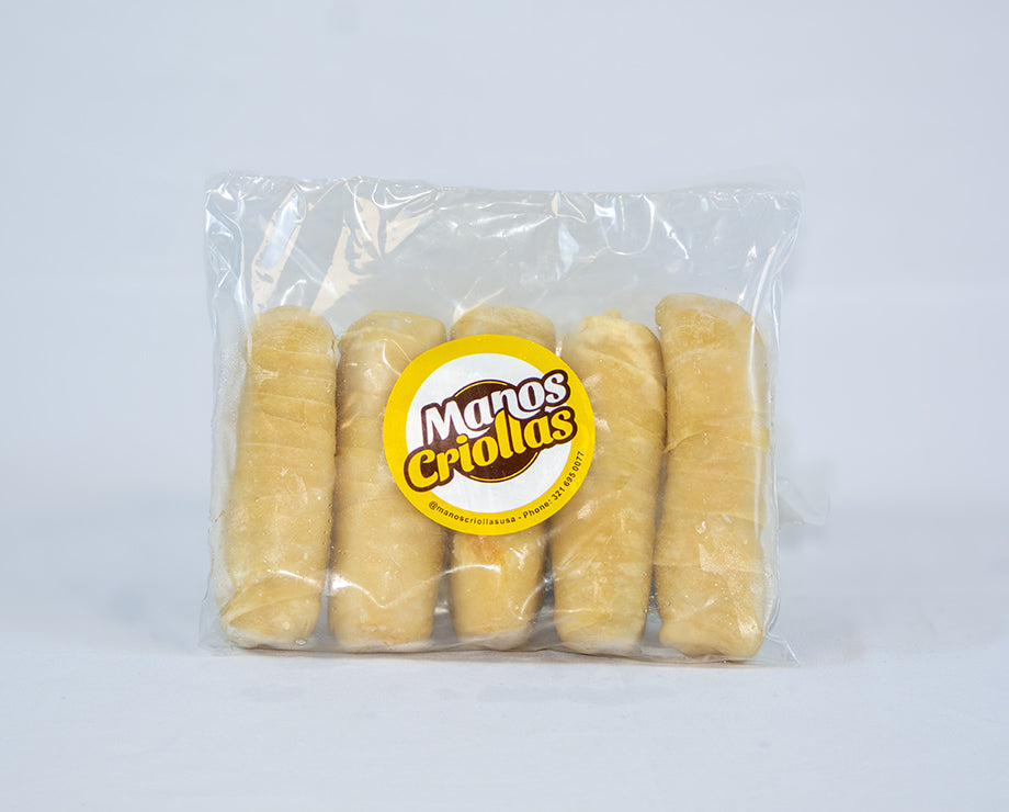 Manos Criollas frozen tequeyoyos, pack of 10, sweet plantain, cheese, and ham Venezuelan bites.